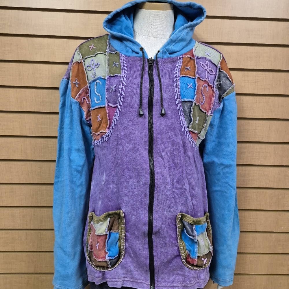KPC Patchwork Hoodie Jacket Size XL Full Zip Pockets